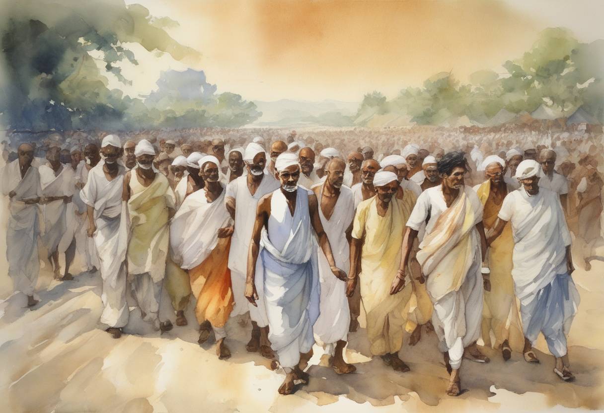 Watercolor painting based depiction of Mahatma Gandhi completed his 240-mile Salt March to the sea in protest against the British salt monopoly in India. (1930)