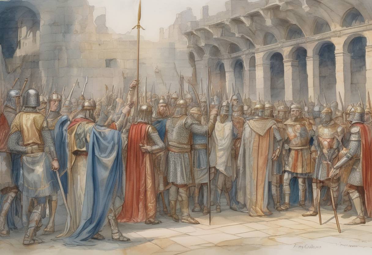 Watercolor painting based depiction of King Chlothar I, the last of the four sons of Clovis I, dies at Compiègne. His death leads to the division of the Frankish Kingdom among his four sons, marking a significant moment in the Merovingian dynasty. (561)