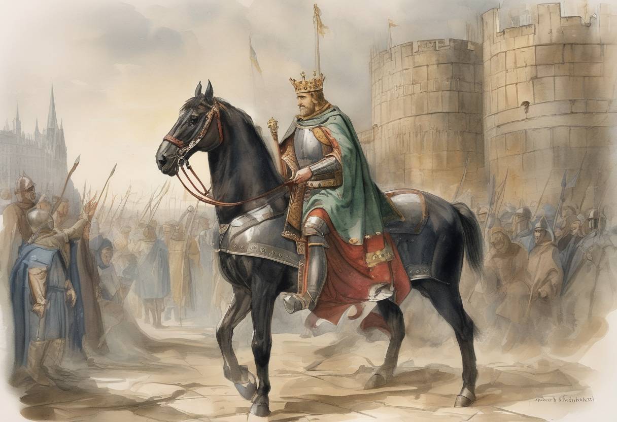 Watercolor painting based depiction of King Richard I of England, also known as Richard the Lionheart, returned to England after being held captive in Austria following his participation in the Third Crusade. (1194)