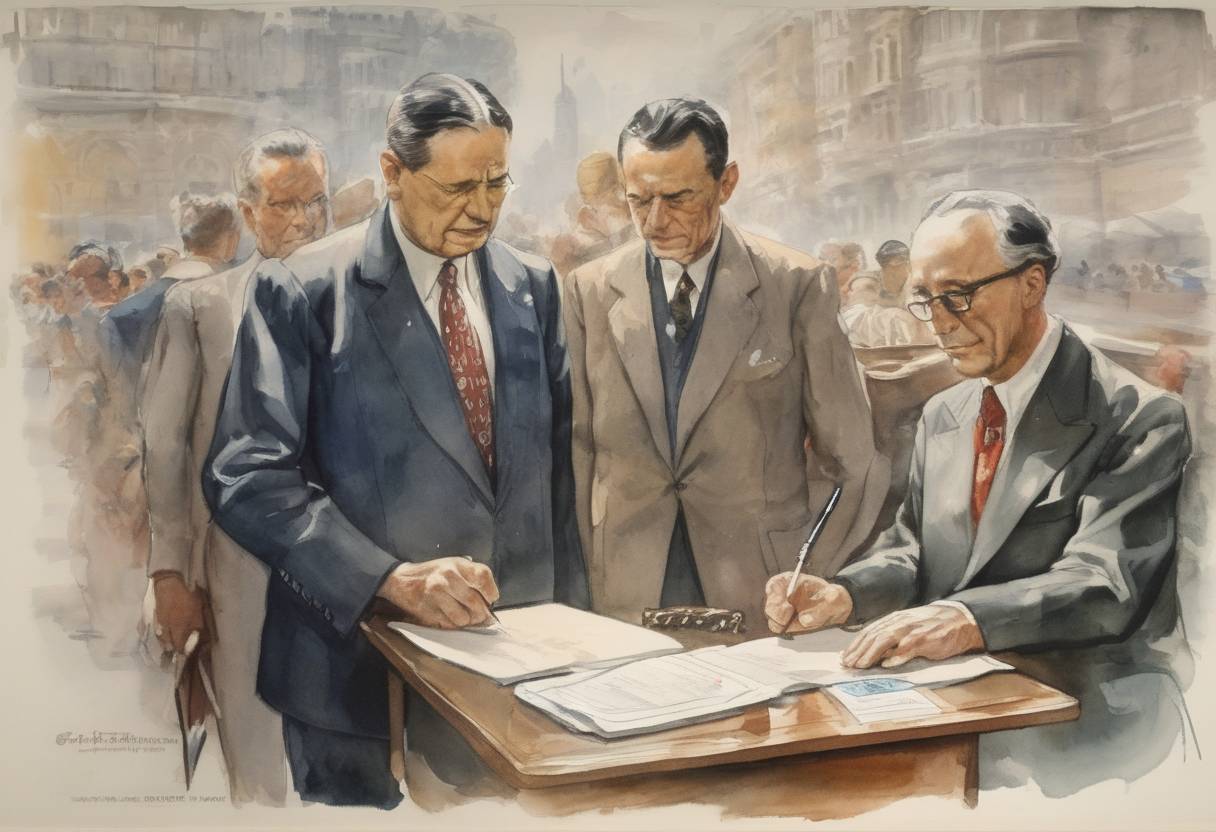 Watercolor painting based depiction of The General Agreement on Tariffs and Trade (GATT), which later evolved into the World Trade Organization (WTO), was signed by 23 nations to promote international trade by reducing or eliminating trade barriers such as tariffs or quotas. (1947)