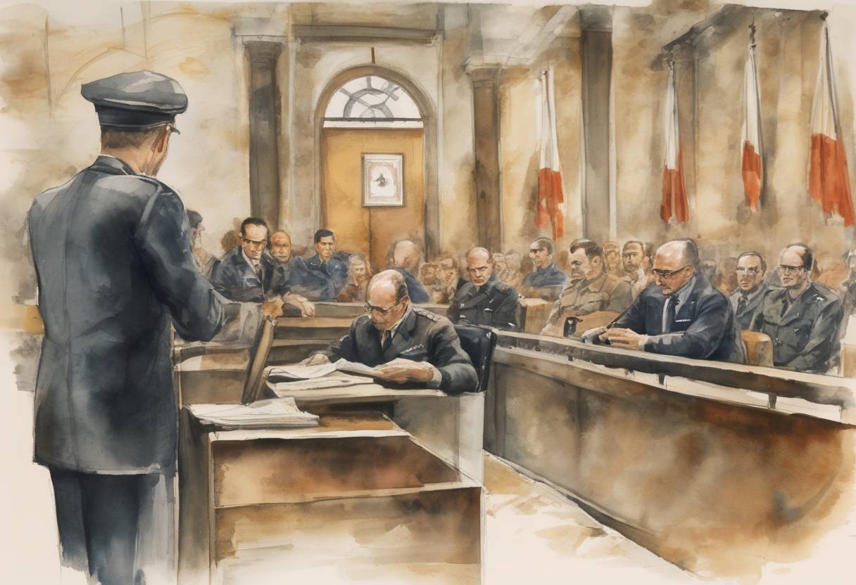 Watercolor painting based depiction of The trial of Adolf Eichmann, a major organizer of the Holocaust, began in Jerusalem, bringing international attention to Nazi war crimes. (1961)