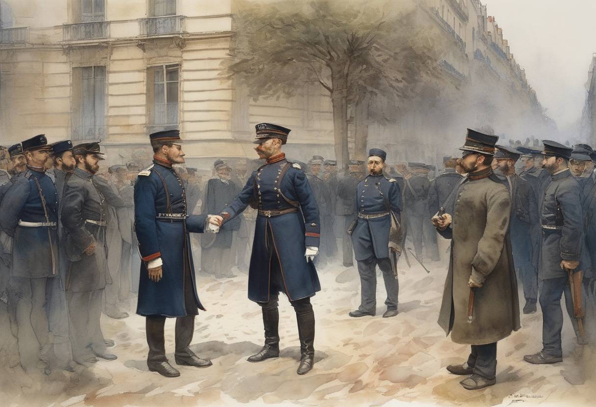 Watercolor painting based depiction of Alfred Dreyfus, a French Jewish artillery officer, is arrested for treason, marking the beginning of the Dreyfus Affair, a political scandal that divided France. (1894)