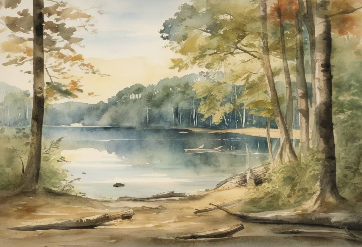 Watercolor painting based depiction of Henry David Thoreau began his two-year experiment in simple living at Walden Pond. (1845)