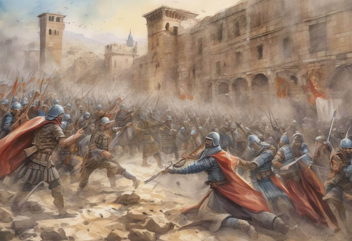 Watercolor painting based depiction of The Battle of Yarmouk concludes with a decisive victory for the Rashidun Caliphate over the Byzantine Empire, leading to Muslim control of Syria. (636)