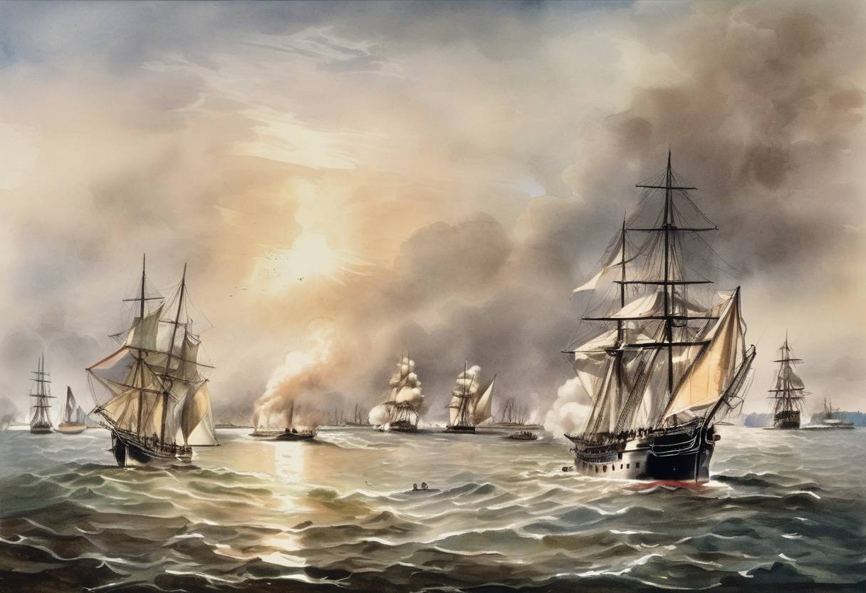 Watercolor painting based depiction of During the American Civil War, the Battle of Mobile Bay took place, where Union forces under Admiral David Farragut won a decisive victory over Confederate forces. (1864)