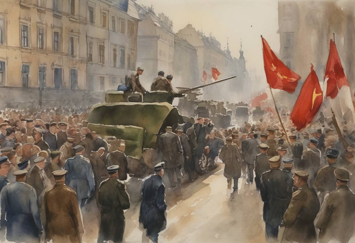 Watercolor painting based depiction of Communist coup in Czechoslovakia began to unfold, as Communist Party of Czechoslovakia, backed by the Soviet Union, took control of the government, a pivotal moment in post-war Eastern Europe increasing Soviet influence in the region. (1948)