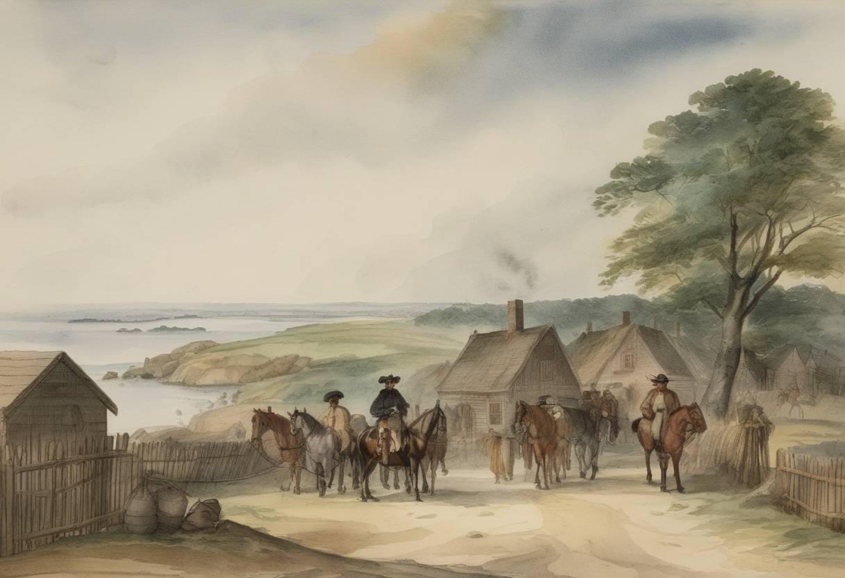 Watercolor painting based depiction of Rhode Island passed the first law in North America making slavery illegal. (1652)