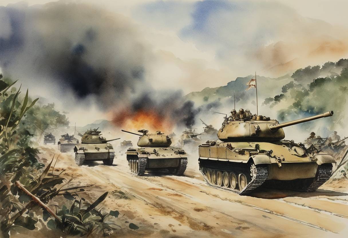 Watercolor painting based depiction of The Battle of Okinawa began between American and Japanese forces in the Pacific Theater of World War II. (1945)