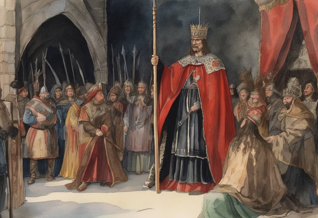 Watercolor painting based depiction of Vlad the Impaler regains the throne of Wallachia for the third time. (1476)