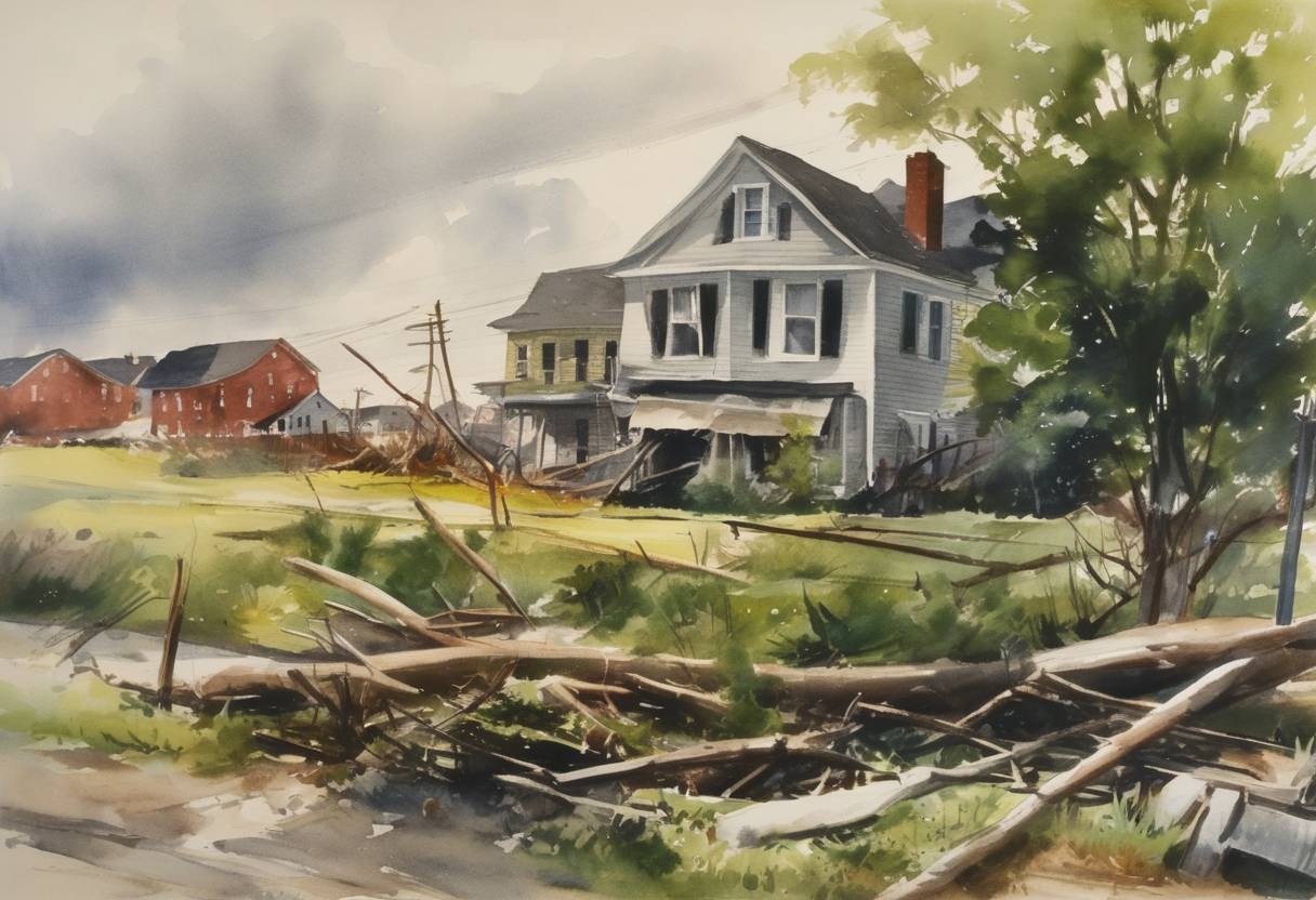 Watercolor painting based depiction of The United States was affected by a highly destructive tornado that occurred in Worcester, Massachusetts, and affected surrounding areas, claiming numerous lives and causing significant property damage. (1953)