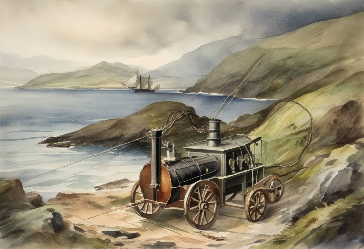 Watercolor painting based depiction of First transatlantic telegraph cable successfully completed, enabling telecommunication between Europe and North America. (1858)