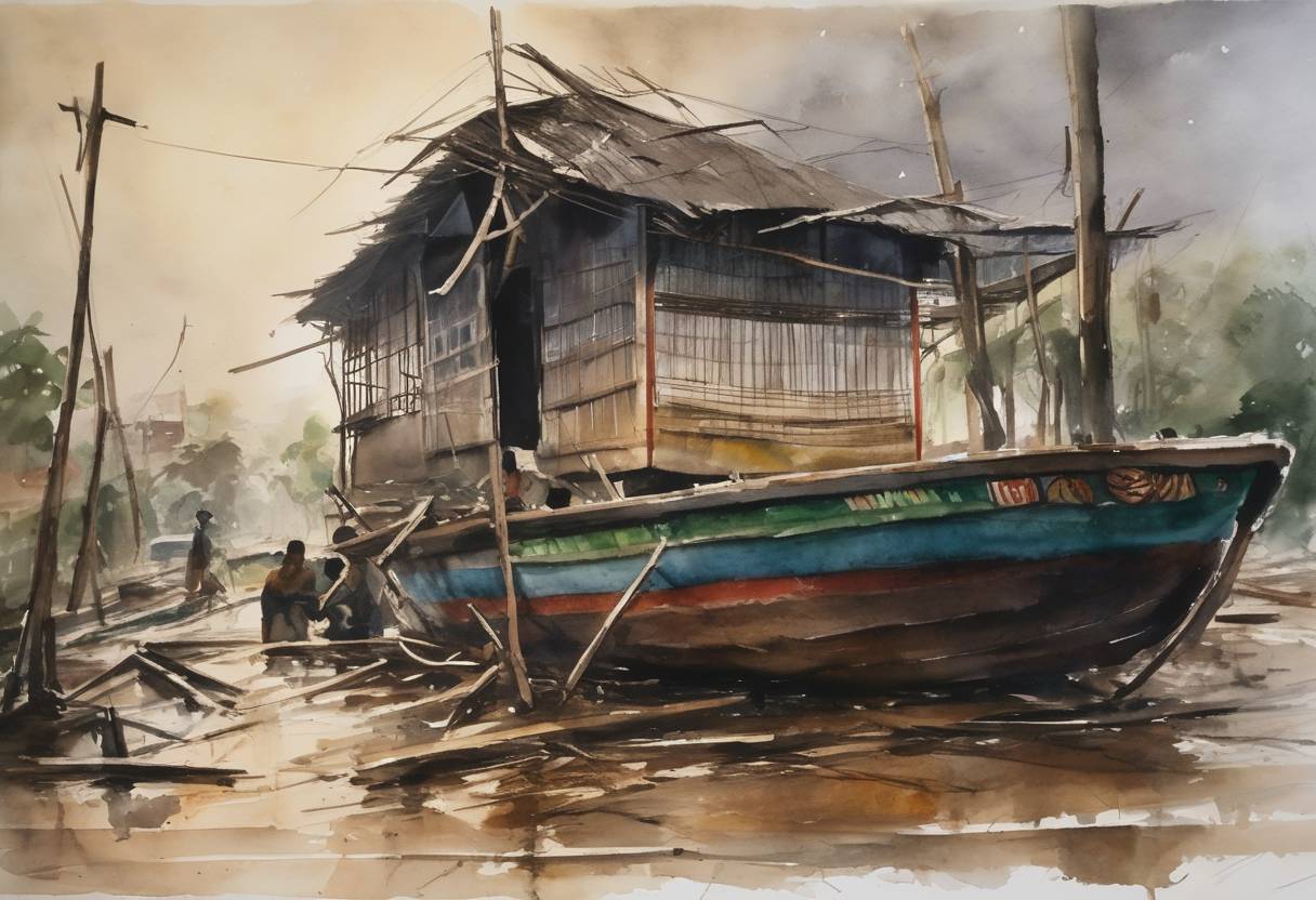 Watercolor painting based depiction of A devastating storm named Cyclone Nargis struck Burma (Myanmar), leading to a catastrophic humanitarian crisis with tens of thousands confirmed dead or missing and millions more affected. (2008)