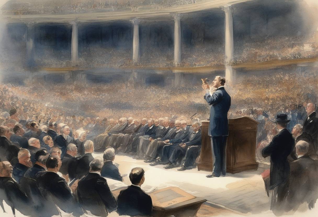 Watercolor painting based depiction of William Jennings Bryan delivers his famous 'Cross of Gold' speech at the Democratic National Convention. (1896)