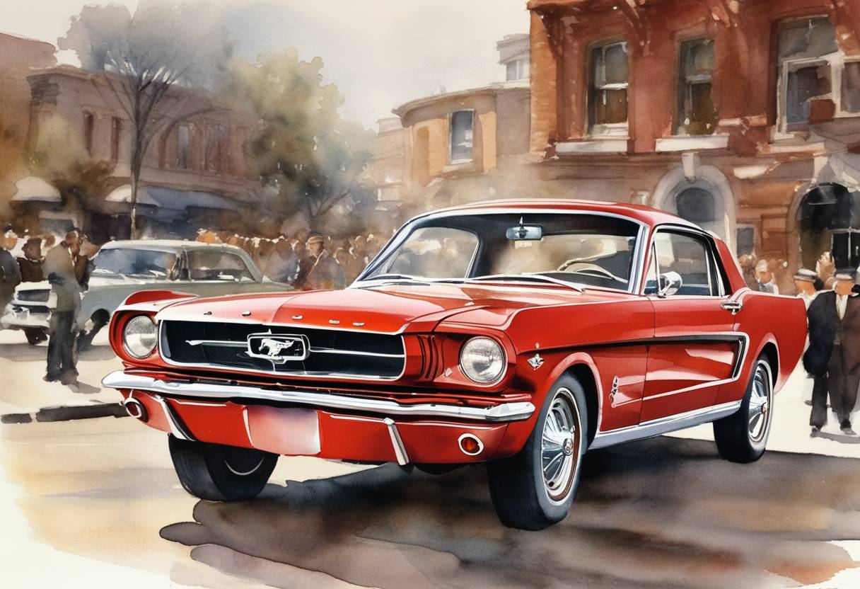 Watercolor painting based depiction of The first trial run of the Ford Mustang took place, further cementing the car's iconic status following its successful launch earlier that year. (1965)