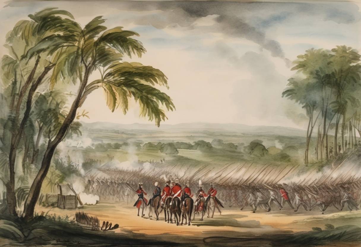 Watercolor painting based depiction of The Siege of Cuddalore begins as part of the American Revolutionary War and ongoing hostilities between the British East India Company and the French. (1783)