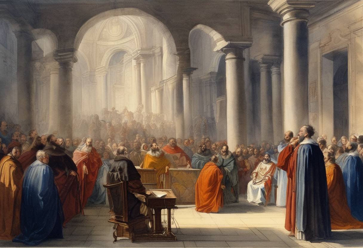 Watercolor painting based depiction of The formal inquisition of Galileo Galilei by the Roman Catholic Church begins, investigating his support of the heliocentric model. (1633)