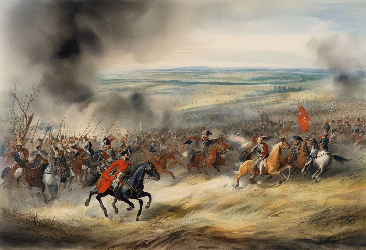Watercolor painting based depiction of The Battle of Sahay, a significant conflict in the War of the Polish Succession, was fought. Austrian forces, led by Prince Eugene of Savoy, secured a victory over a larger French and Saxon army. (1734)