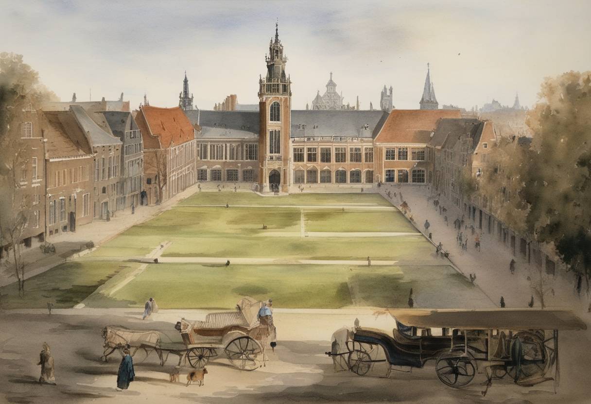 Watercolor painting based depiction of Utrecht University in the Netherlands was founded, originally as the 'Illustrious School of Utrecht'. It has become one of the oldest and most prestigious institutions of higher education in the Netherlands. (1636)