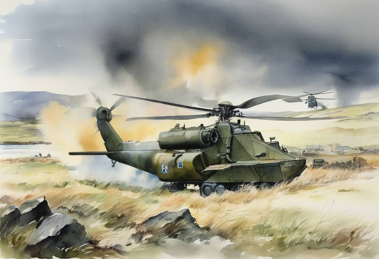 Watercolor painting based depiction of In Stanley, Falkland Islands, British forces launched an attack on the Argentine positions during the Falklands War, advancing their campaign significantly in the Battle of Mount Longdon. (1982)