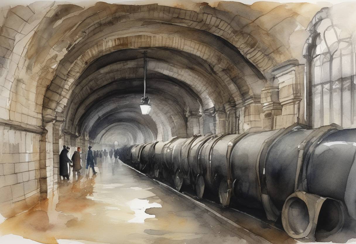 Watercolor painting based depiction of Petition in Parliament establishes a system of sewers in London that sets a precedent for public health infrastructure. (1284)