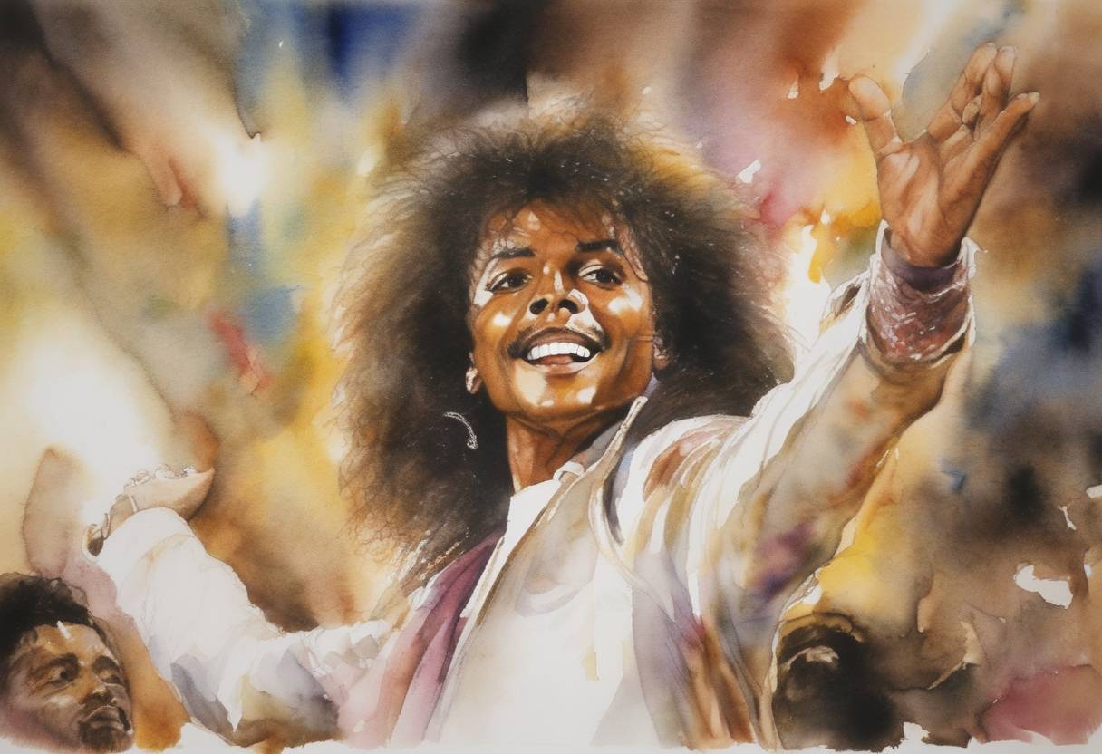 Watercolor painting based depiction of The song 'We Are the World' was released by USA for Africa to raise funds for famine relief in Ethiopia, featuring numerous prominent artists such as Michael Jackson, Lionel Richie, and others. (1985)