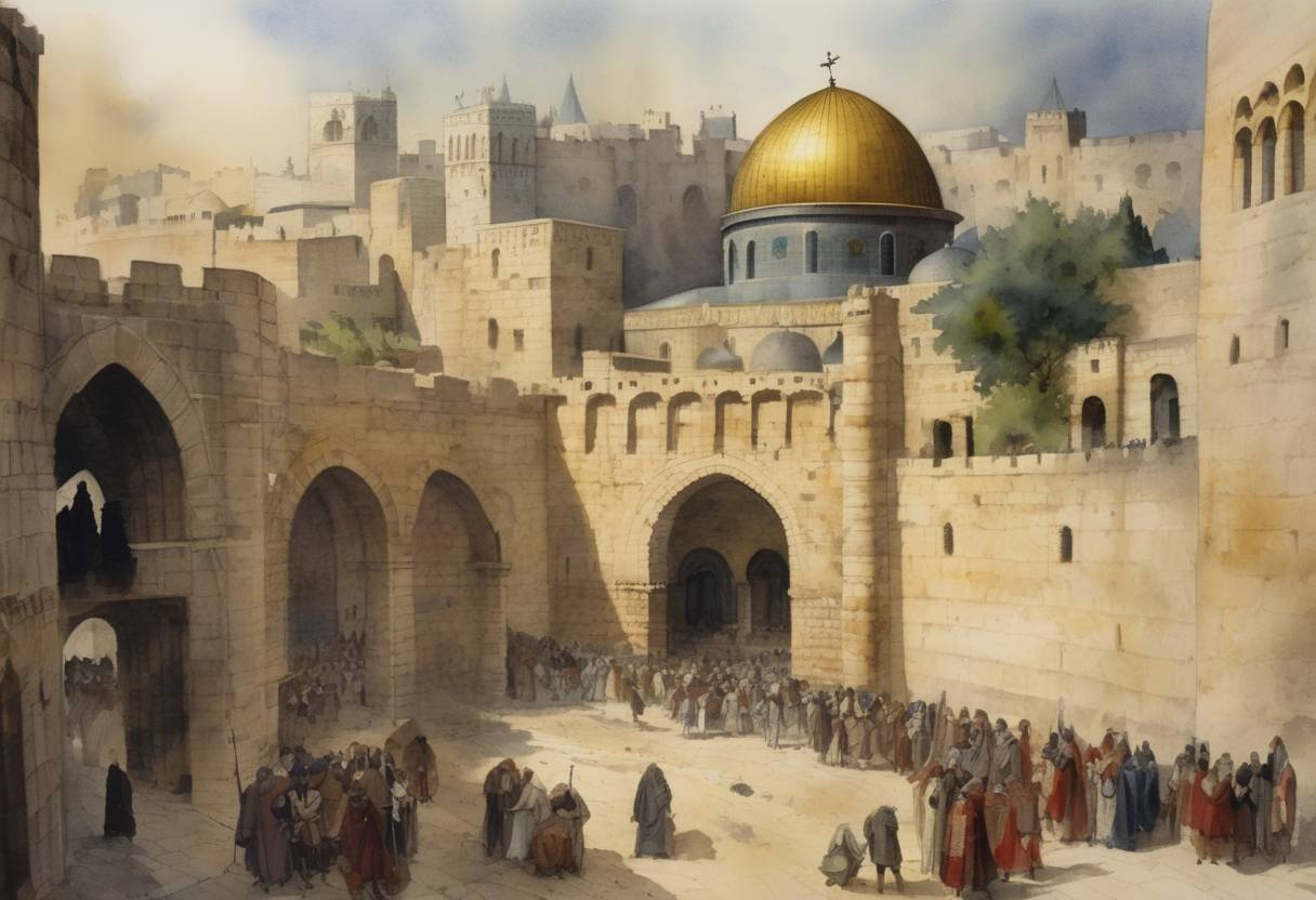 Watercolor painting based depiction of Following the First Crusade, Godfrey of Bouillon was declared Advocate of the Holy Sepulchre in Jerusalem, effectively making him the ruler of the newly established Kingdom of Jerusalem. (1099)