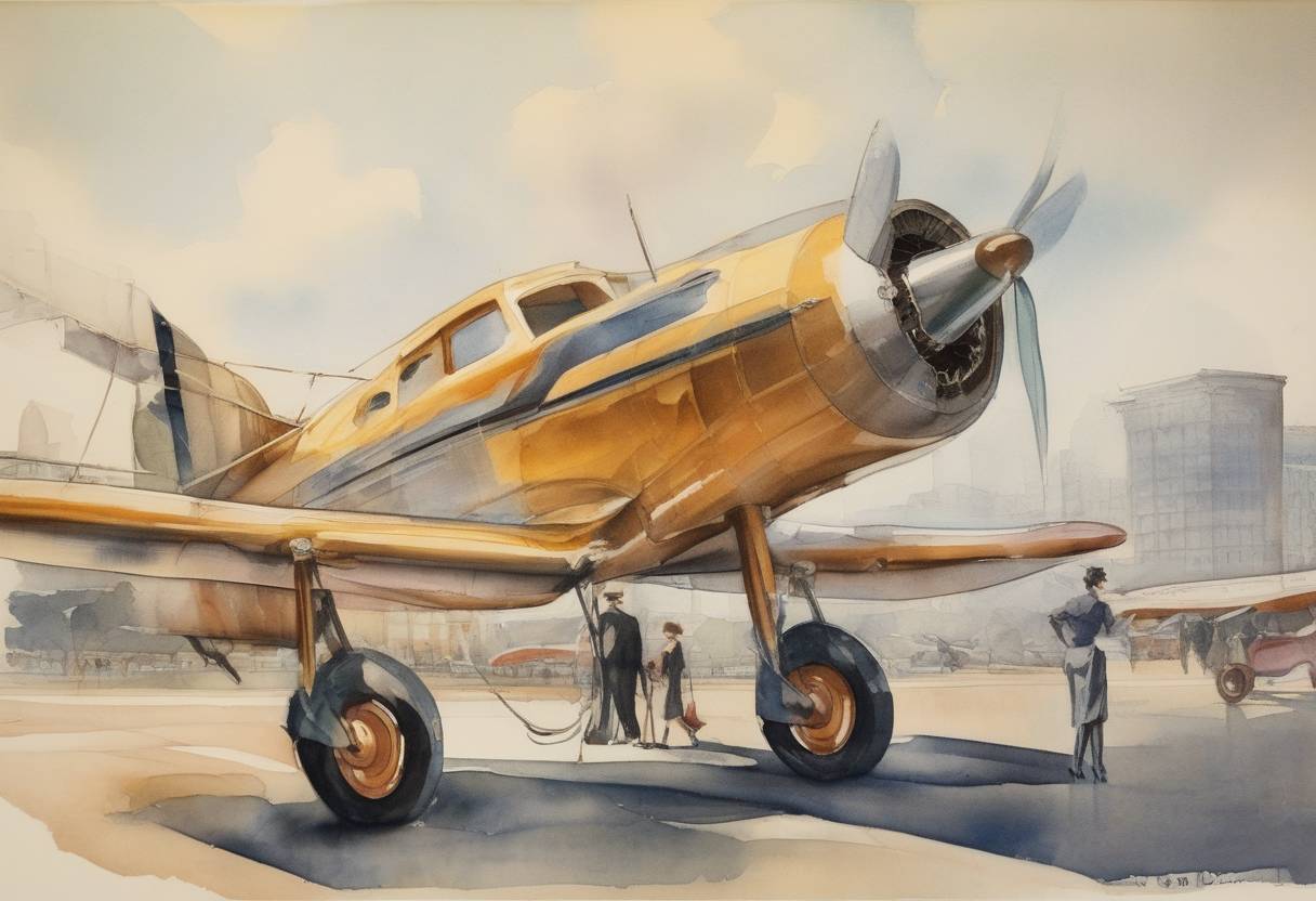 Watercolor painting based depiction of Ellen Church became the first female flight attendant, working for Boeing Air Transport. (1930)