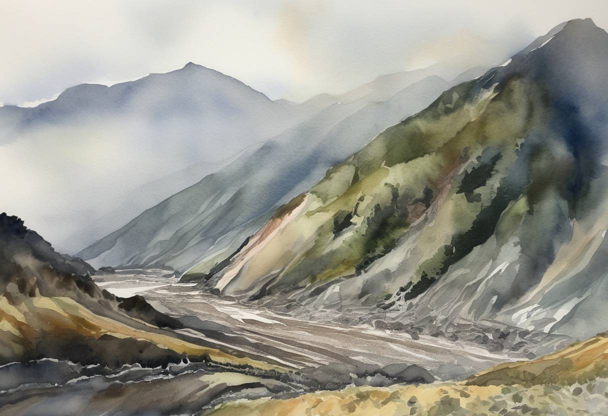 Watercolor painting based depiction of A powerful earthquake, the Kaikōura earthquake, strikes the South Island of New Zealand with a magnitude of 7.8, leading to two deaths and triggering landslides that significantly impact infrastructure and the environment. (2016)