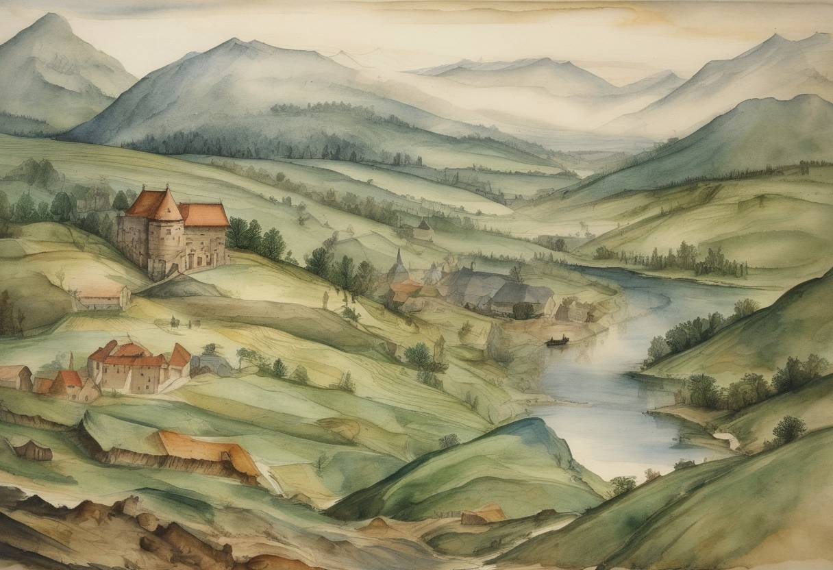 Watercolor painting based depiction of Georgius Agricola, a German scholar widely known as the 'father of mineralogy,' passed away. Agricola had significantly contributed to the development of mineralogy by authoring the influential work 'De Re Metallica,' which meticulously documented the techniques of ore mining, smelting, and the practical elements of metallurgy. (1555)