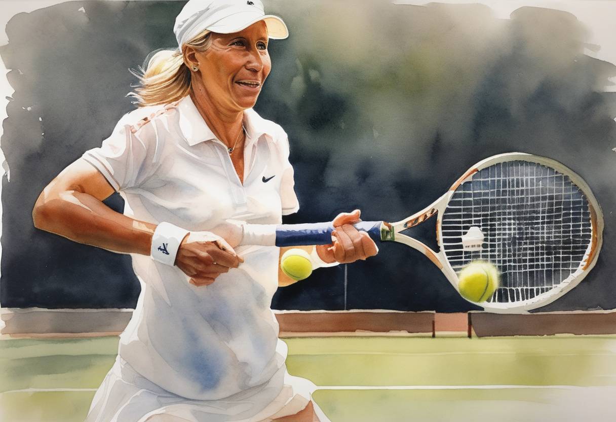 Watercolor painting based depiction of Martina Navratilova wins her 100th tennis tournament. (1985)