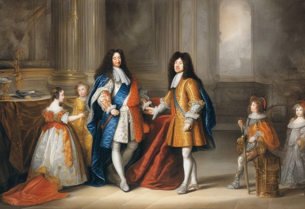 Watercolor painting based depiction of Louis XIV became King of France at the age of four after the death of his father, Louis XIII. (1643)
