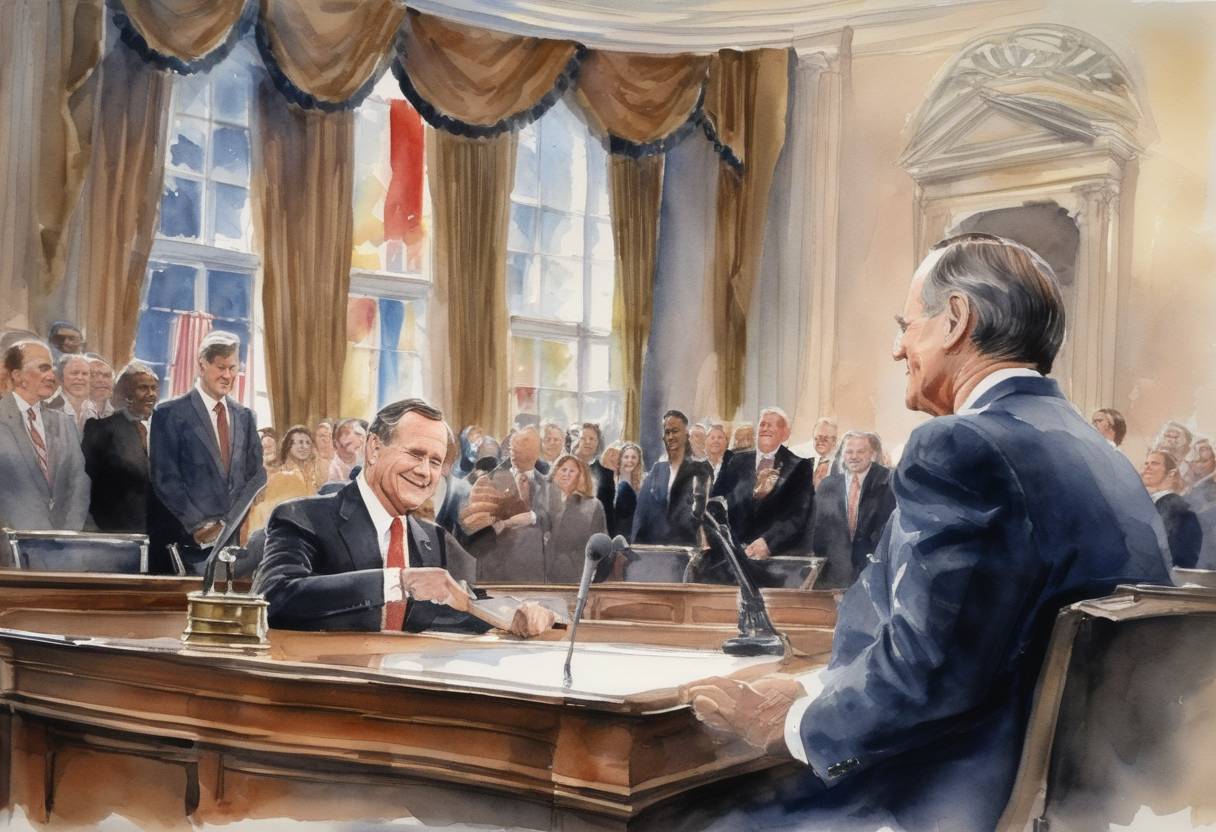 Watercolor painting based depiction of George H. W. Bush is inaugurated as the 41st President of the United States. (1989)