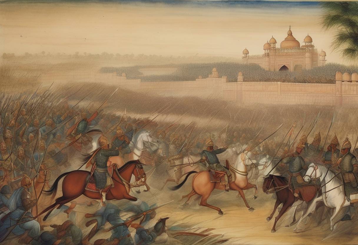 Watercolor painting based depiction of The First Battle of Panipat takes place, marking the beginning of the Mughal Empire in India. Babur's forces defeat Ibrahim Lodi's much larger army. (1526)
