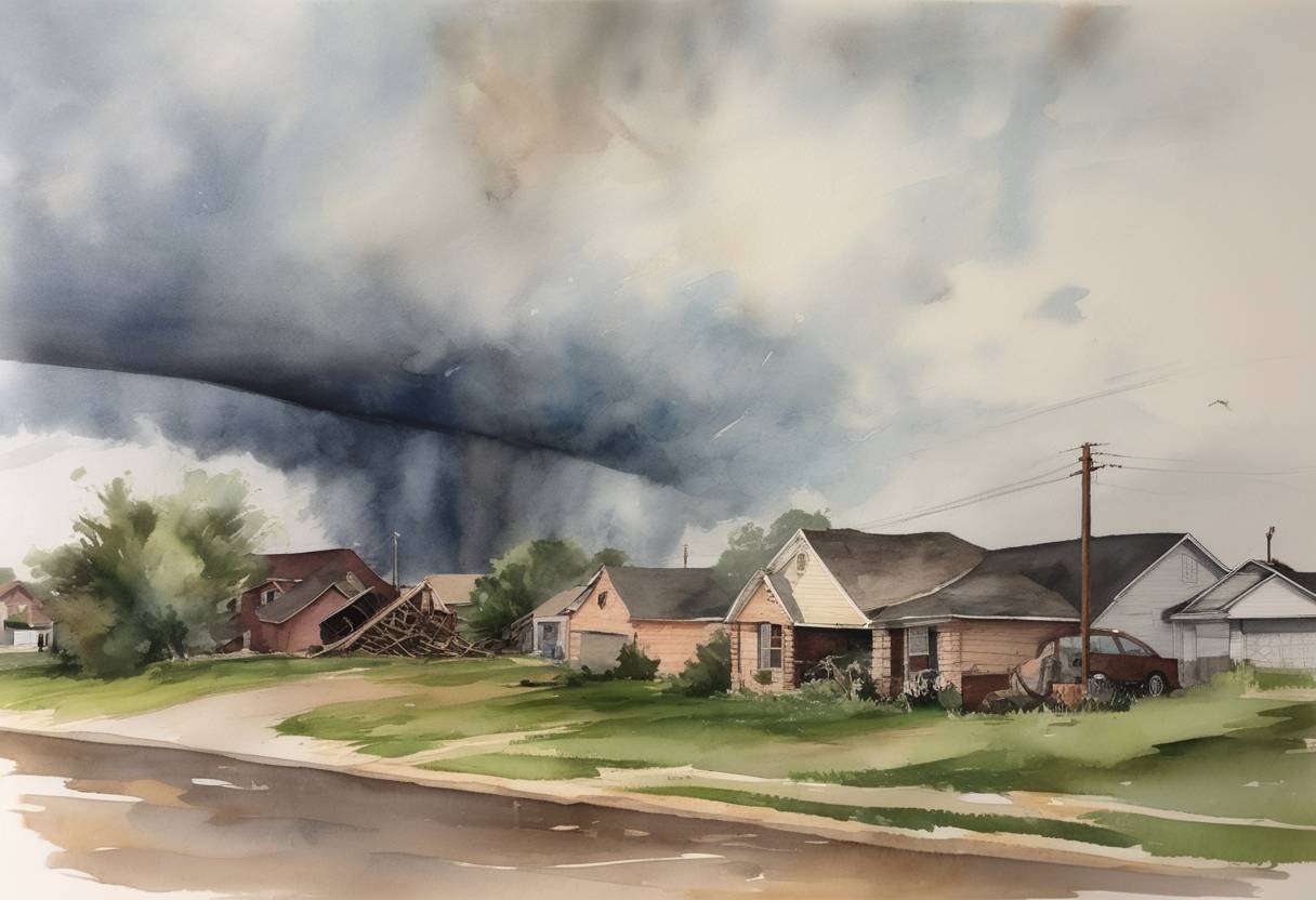Watercolor painting based depiction of A powerful tornado strikes Moore, Oklahoma, causing extensive damage. (2013)