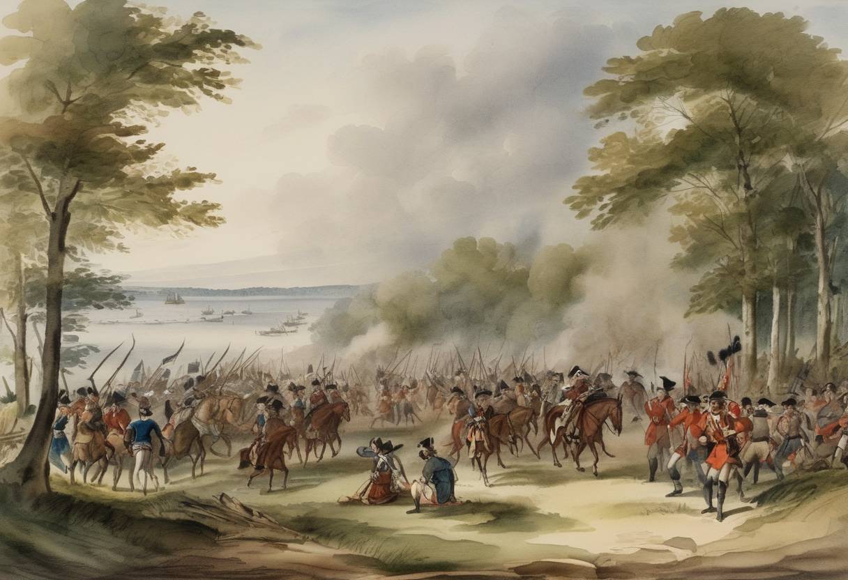 Watercolor painting based depiction of The Raid on Deerfield took place during Queen Anne's War. A force of French and Native American warriors attacked the colonial settlement of Deerfield in the Province of Massachusetts Bay, capturing or killing many settlers. (1704)