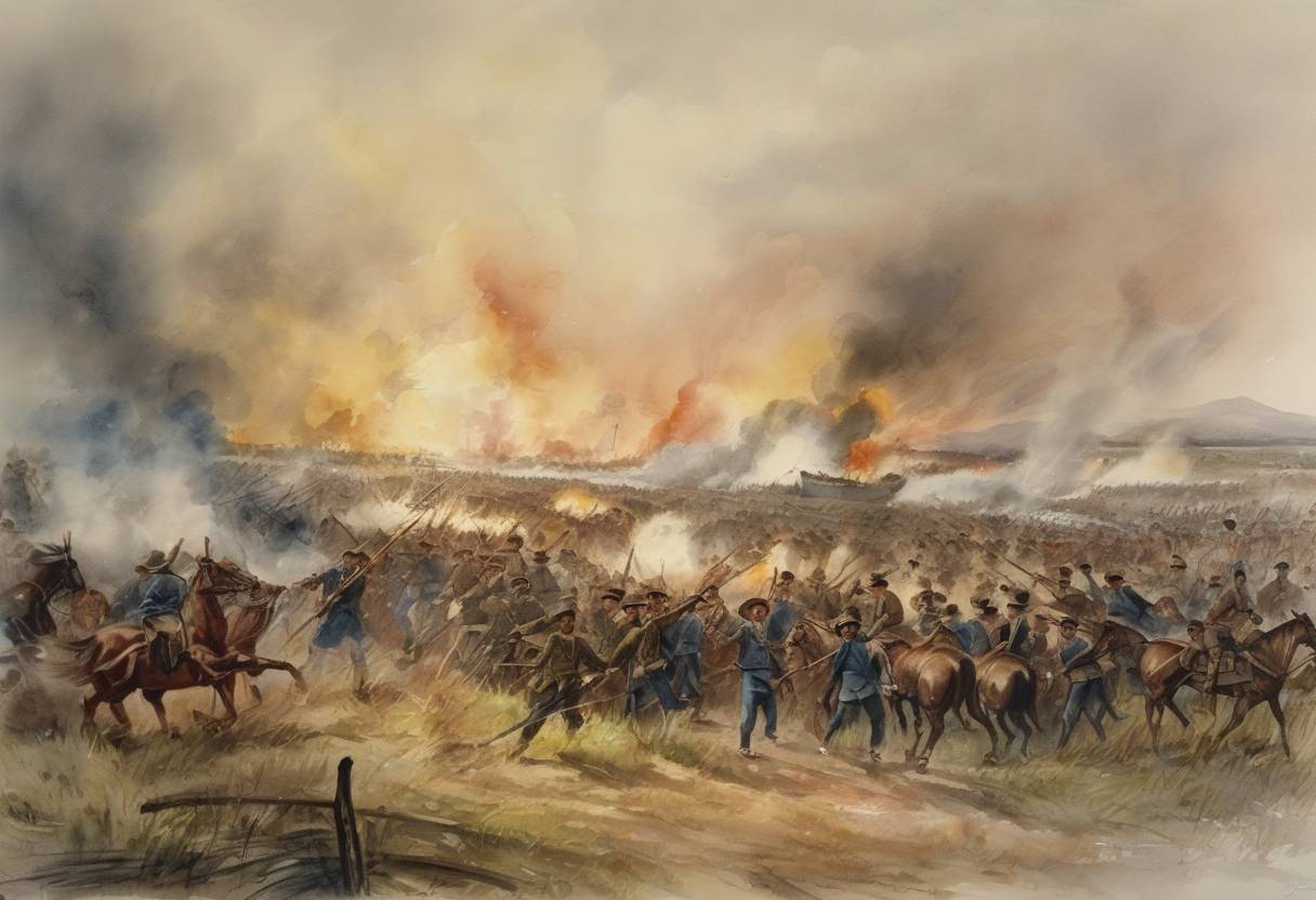 Watercolor painting based depiction of The Philippine-American War begins with the Battle of Manila as hostilities break out between Filipino and American forces. (1899)