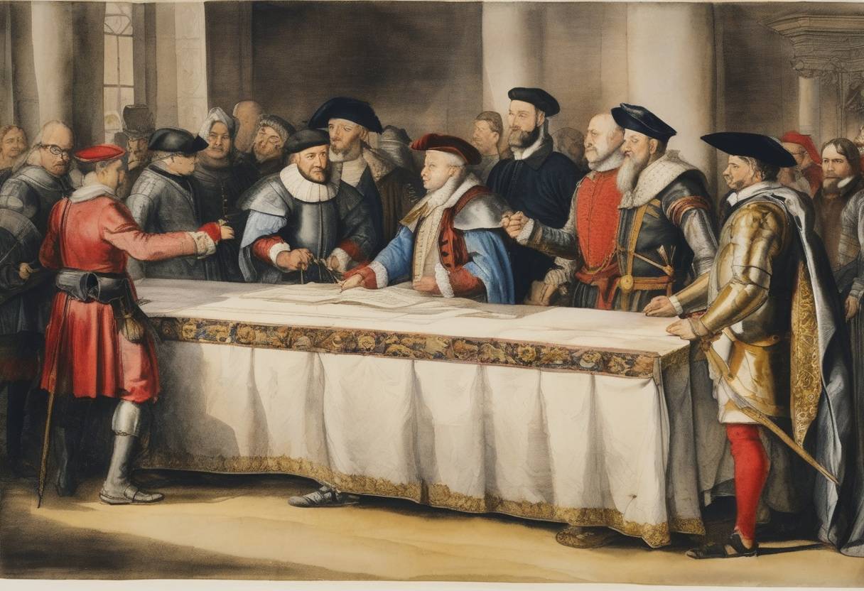 Watercolor painting based depiction of The Treaty of Plessis-les-Tours was signed, forming the foundation of the Union of Utrecht that would lead to the independence of the Dutch Republic from Spanish rule. (1579)