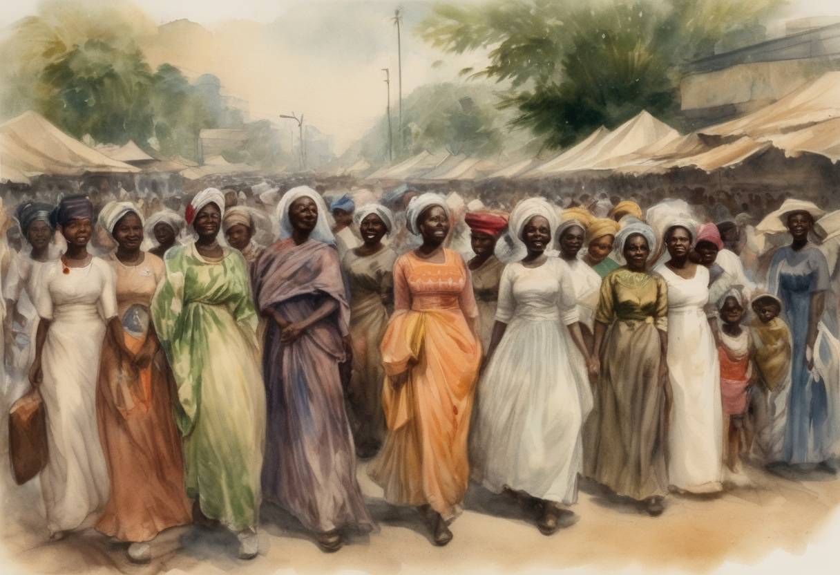 Watercolor painting based depiction of The first Women's Day is celebrated in Lagos, Nigeria, organized as a rally for women's rights. (1892)