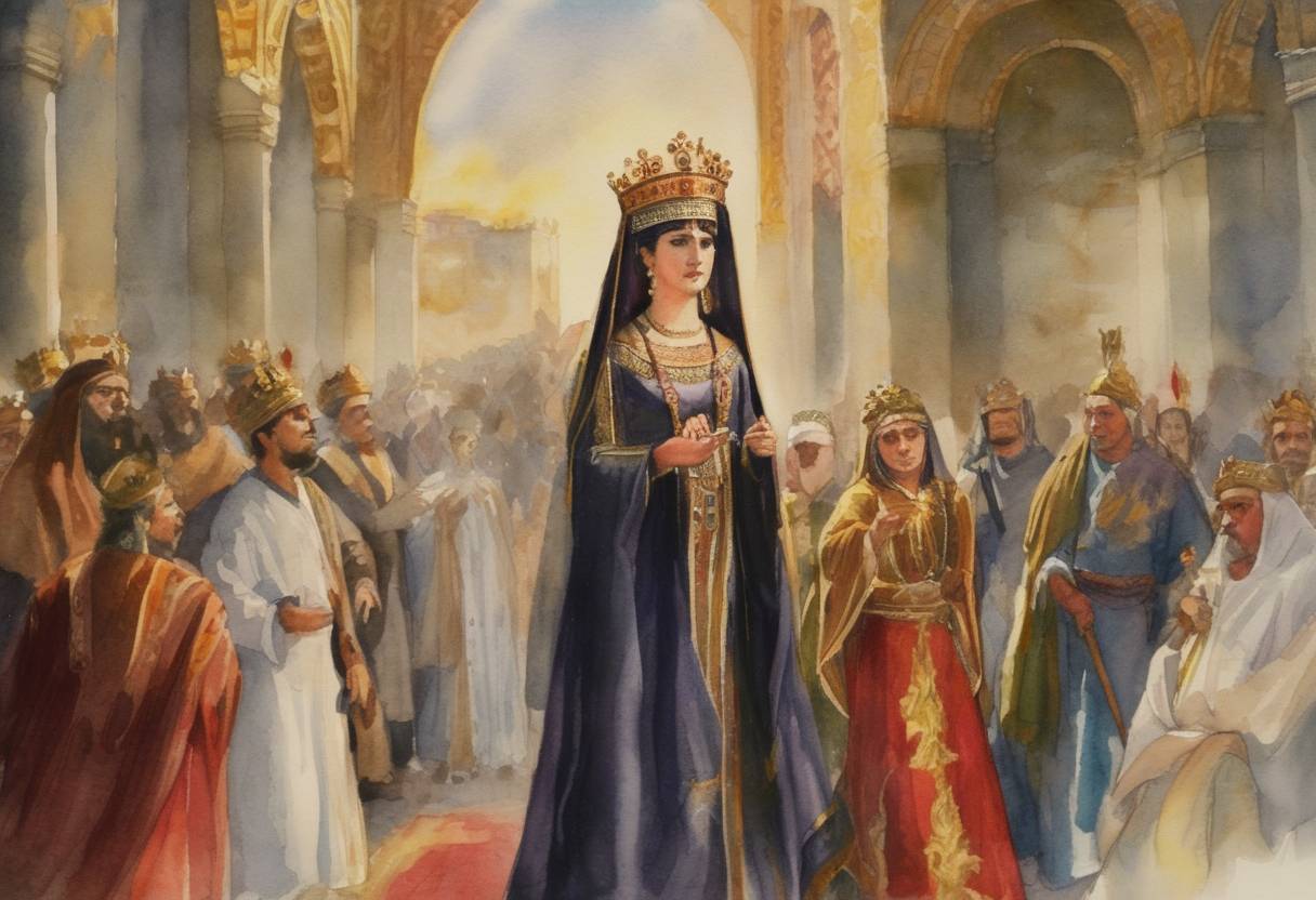 Watercolor painting based depiction of Theodora becomes Empress of the Byzantine Empire for the second time. A member of the Macedonian dynasty, she consolidates power and begins ruling directly after previously having served as co-empress with her sister Zoe. (1055)