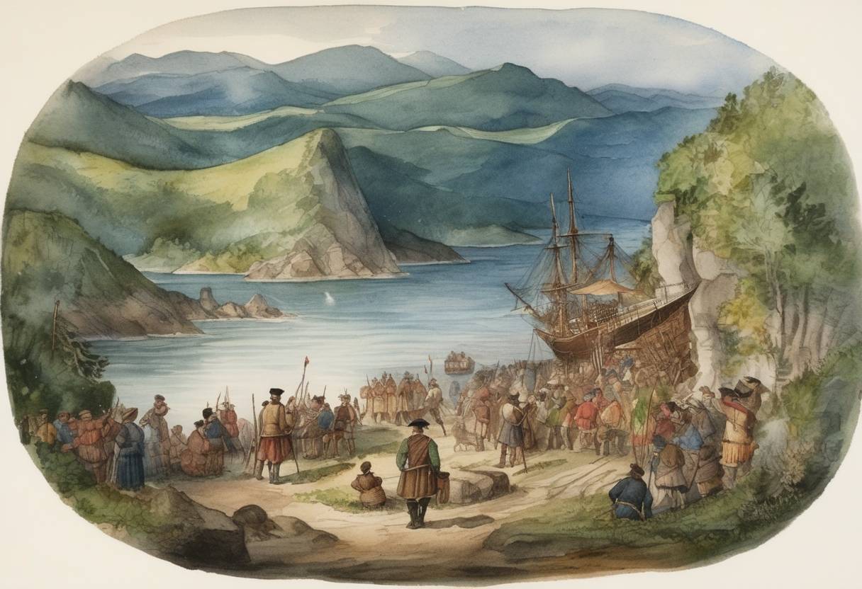 Watercolor painting based depiction of Jacques Cartier makes contact with indigenous peoples of the Gaspé Peninsula in present-day Quebec and claims the territory for France. (1534)
