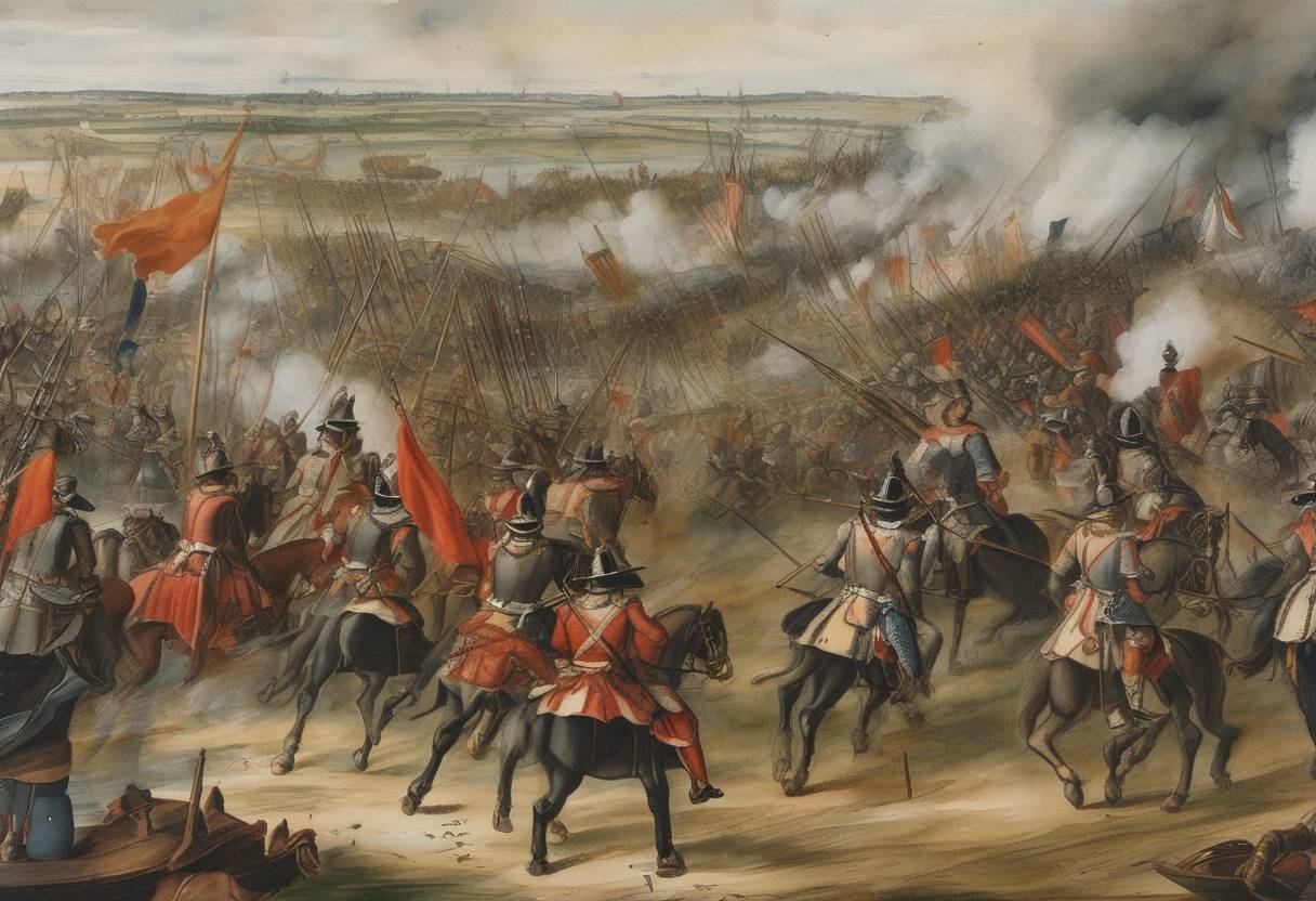 Watercolor painting based depiction of The Battle of Nieuwpoort was in preparation with Maurice of Nassau's Dutch-English army assembling for engagement, significant in the Eighty Years' War. (1600)
