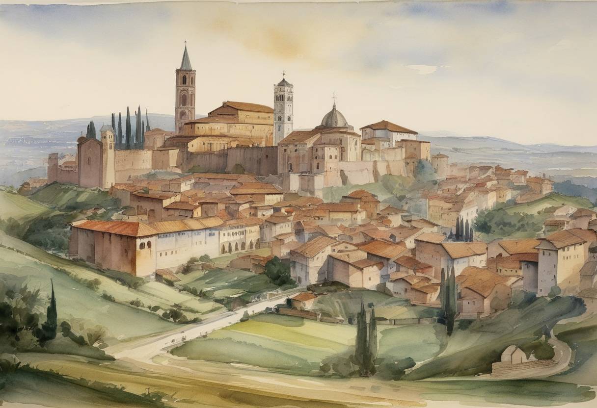 Watercolor painting based depiction of The town of Placentia (Piacenza) is captured by Emperor Frederick II during the Holy Roman Empire's campaigns in Italy. (1245)