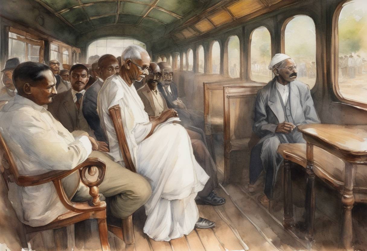Watercolor painting based depiction of Mahatma Gandhi committed his first act of civil disobedience by refusing to leave his seat in the 'whites-only' section of a train in South Africa. (1893)