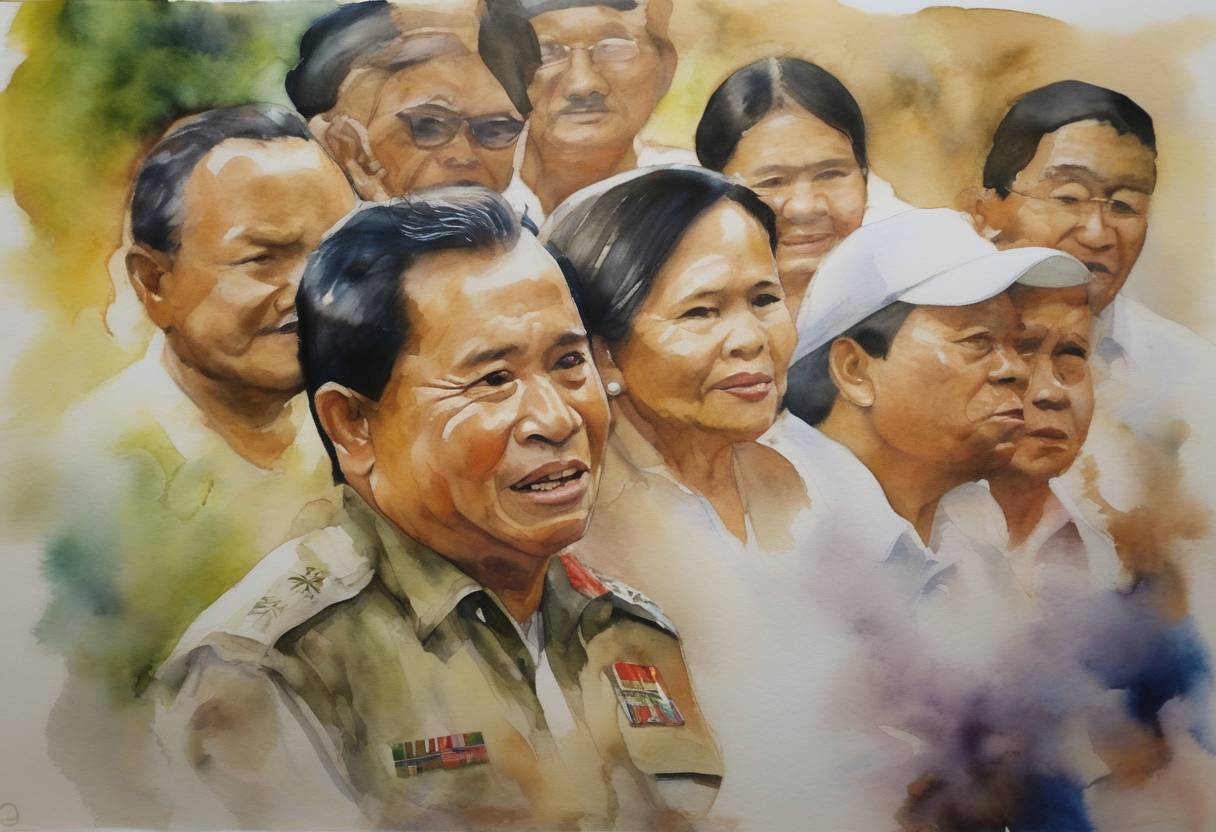 Watercolor painting based depiction of The Five Escobars and other breakaway factions from the hostage crisis in the Philippines freed 10 of their 11 hostages after talks with Filipino presidential candidate Gloria Macapagal Arroyo. (2000)