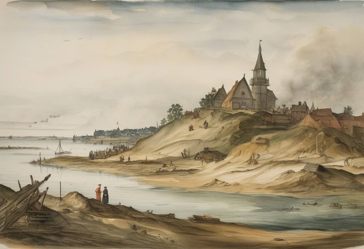 Watercolor painting based depiction of A tsunami devastated the island of Funen in Denmark, resulting in significant loss of life and property. (1570)