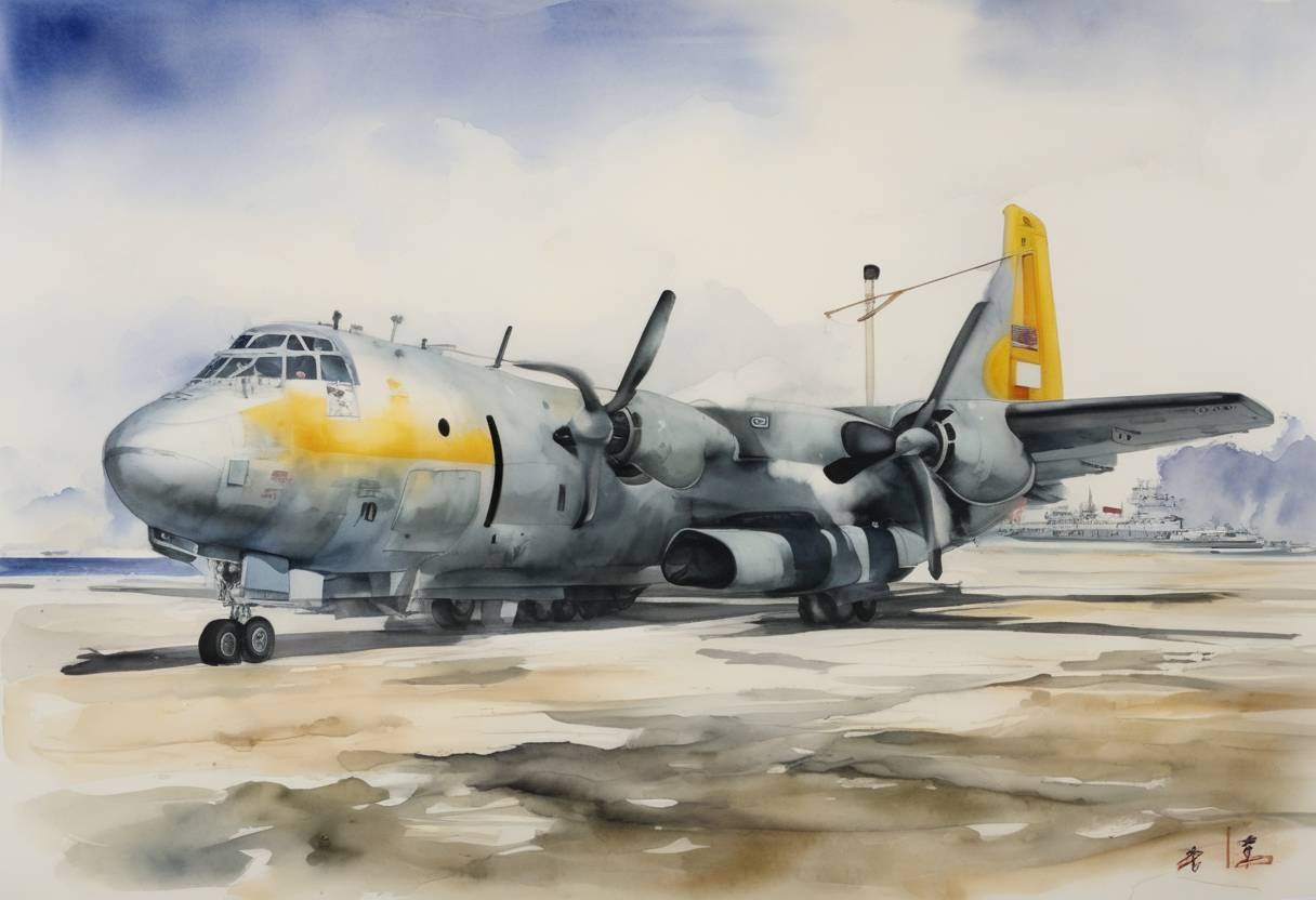 Watercolor painting based depiction of The United States declares the EP-3 crisis with China resolved after 11 days of diplomatic negotiations. The incident began on April 1, 2001, when a U.S. Navy EP-3E ARIES II reconnaissance aircraft collided with a Chinese fighter jet, leading to an emergency landing and the detention of the American crew by Chinese authorities. (2001)