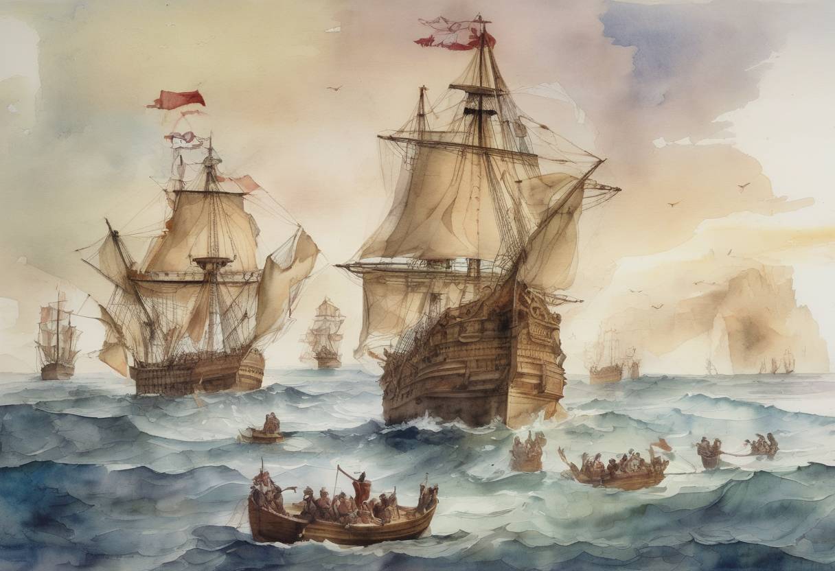 Watercolor painting based depiction of Christopher Columbus departs on his fourth and final voyage to the Americas. (1502)