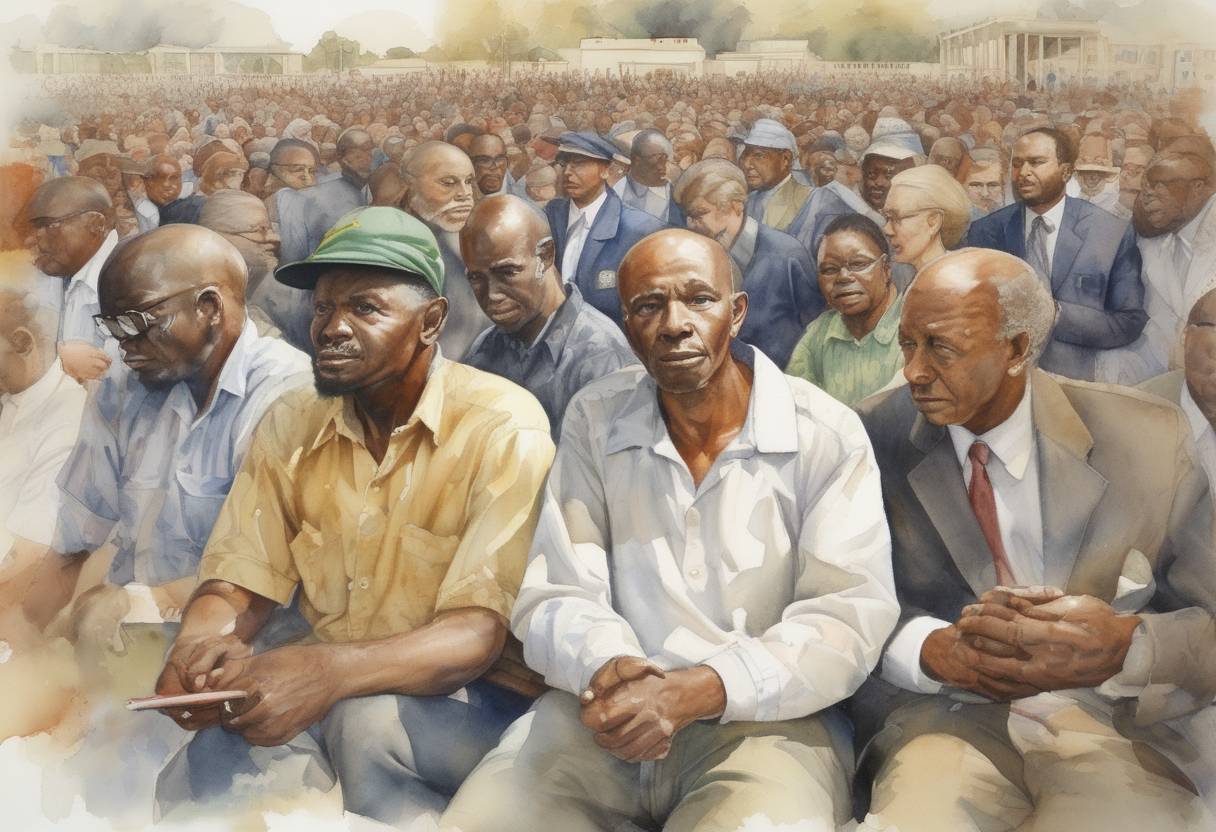 Watercolor painting based depiction of A referendum in South Africa approved the ending of apartheid, with a majority of white voters supporting the reform process. (1992)