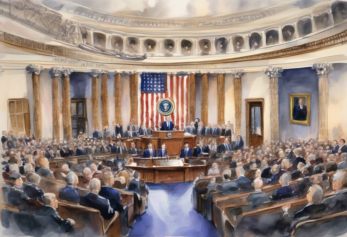 Watercolor painting based depiction of The State of the Union Address by President George W. Bush introduces the term 'Axis of Evil,' referring to governments that he accused of helping terrorism and seeking weapons of mass destruction, specifically Iran, Iraq, and North Korea. (2002)