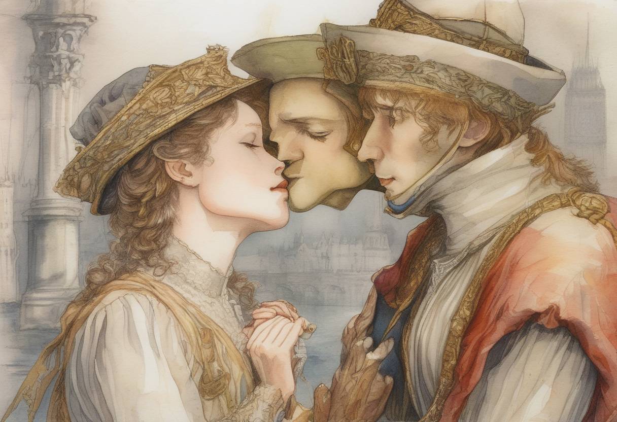 Watercolor painting based depiction of Kissing is banned in England to prevent the spread of the plague. (1439)